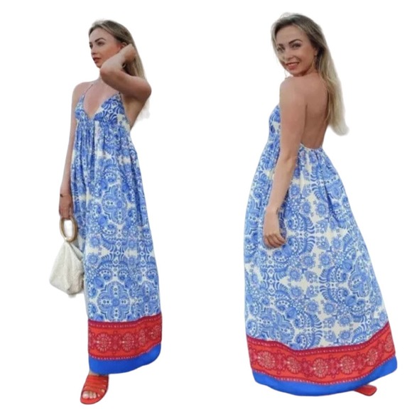 Zara Dresses & Skirts - Zara Red White Blue Americana Linen Blend Maxi Dress M
